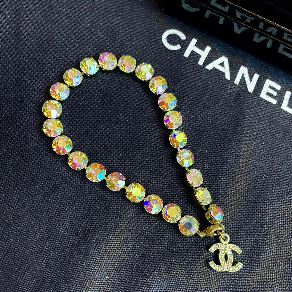 NWOT Authentic Vintage Chanel Aurora Color Rhinestone CC Anklet